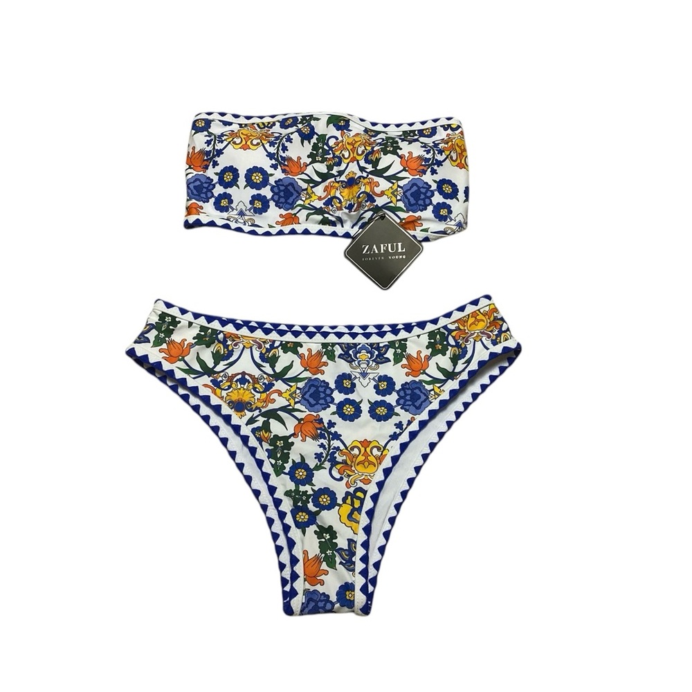 Women’s Strapless Wave Bandeau Bikini Size S 2 Piece Bathing SuitCheeky Lace-Up - Picture 3 of 15